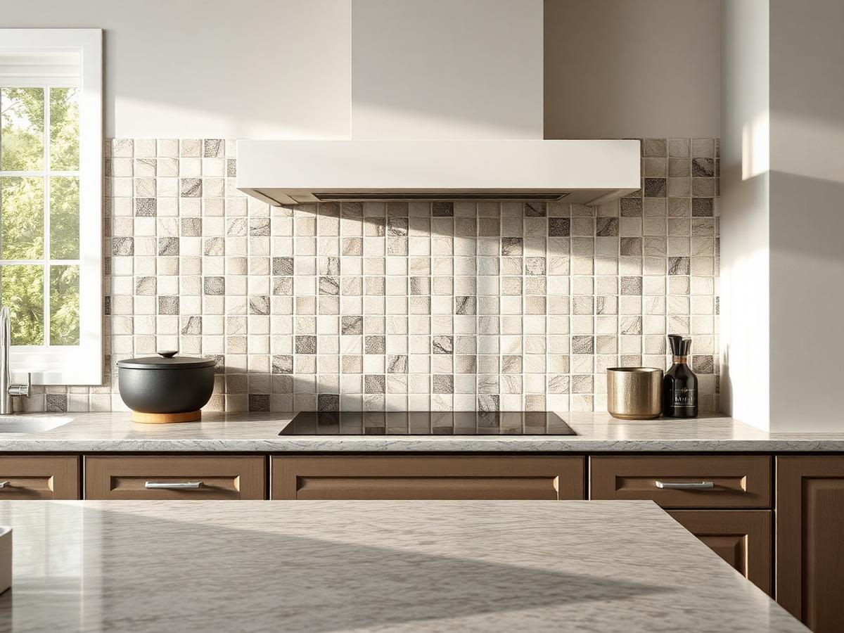 Finished tile backsplash behind a stone kitchen counter