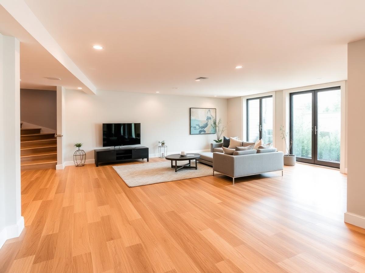 Finished basement living space with warm oak flooring