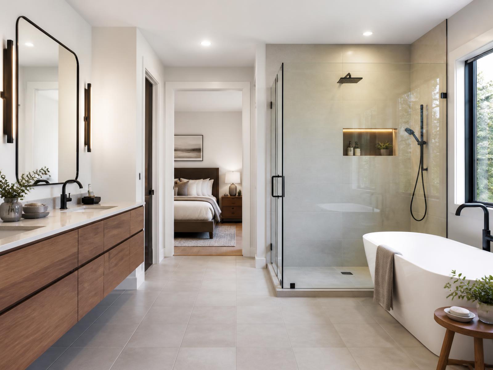 Finished bathroom renovation with a walk-in shower and floating vanity