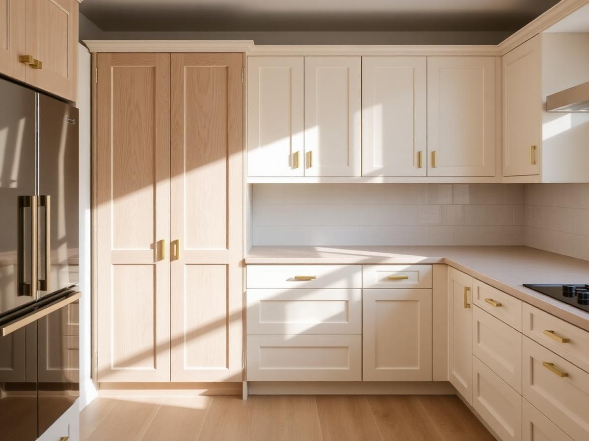 Newly installed kitchen cabinetry in pale oak with brass hardware