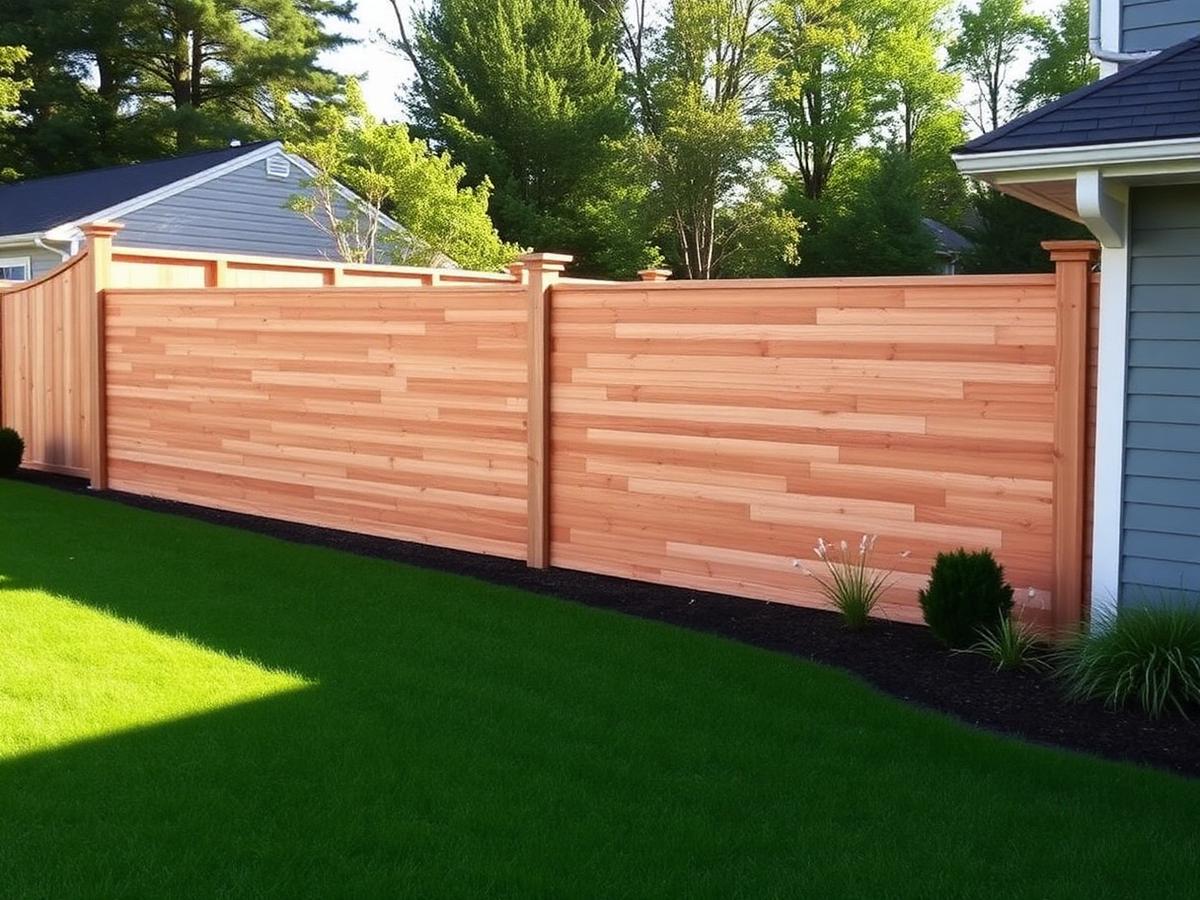 Newly installed cedar privacy fence beside a manicured lawn