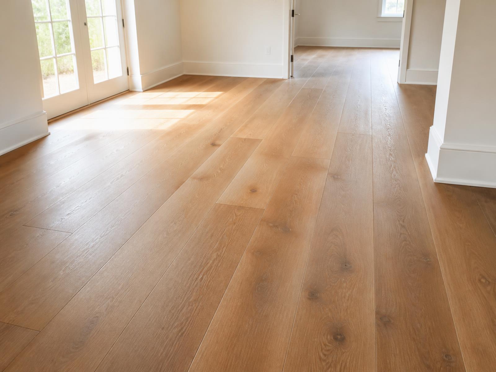 Newly installed wide-plank hardwood flooring in a bright room