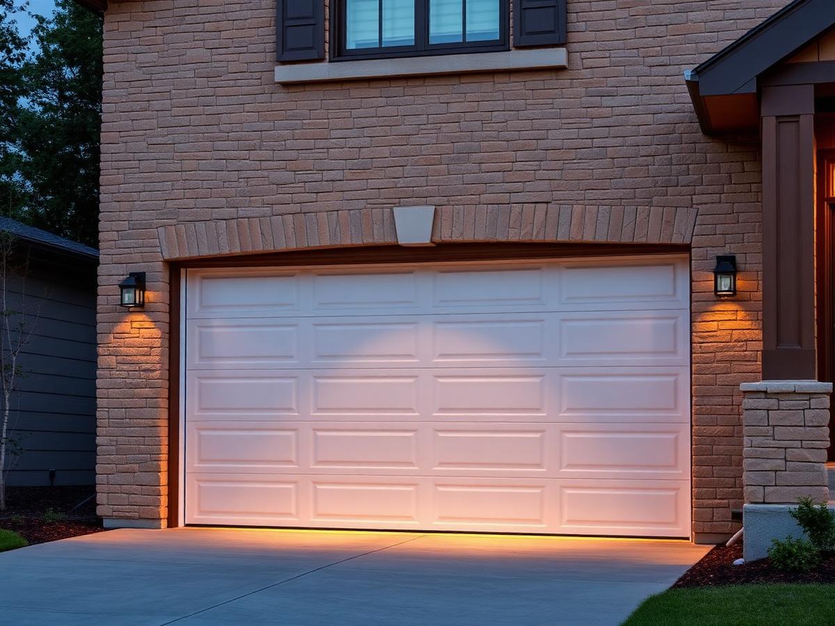 Clean garage door on a stone home facade in evening light