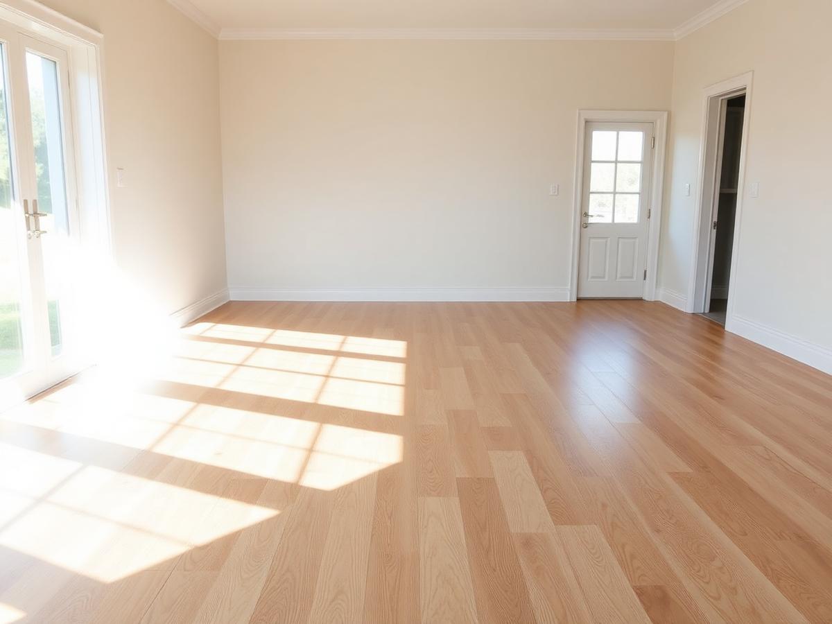 Newly installed white oak hardwood flooring in a sunlit room