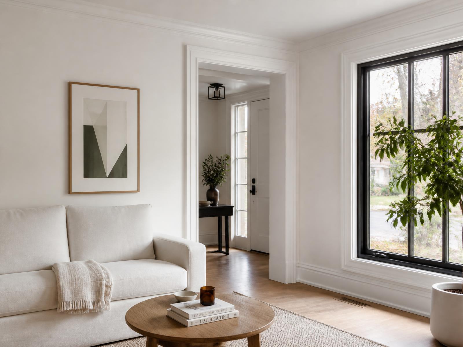 Freshly painted living room with warm white walls and crisp trim