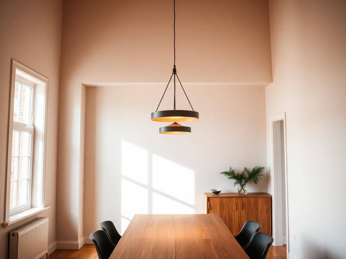 Installed pendant lighting above a dining table in a warm interior