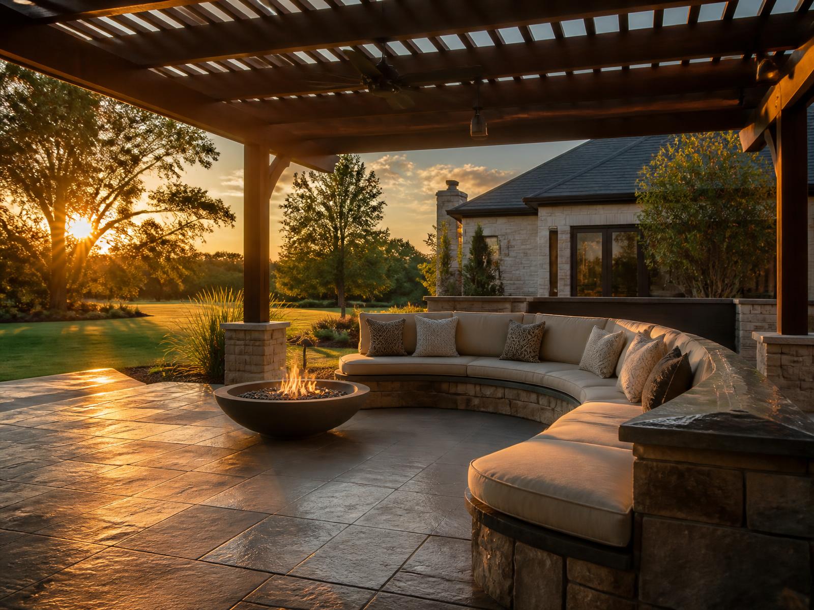 Finished outdoor living space with a covered patio and stone paving