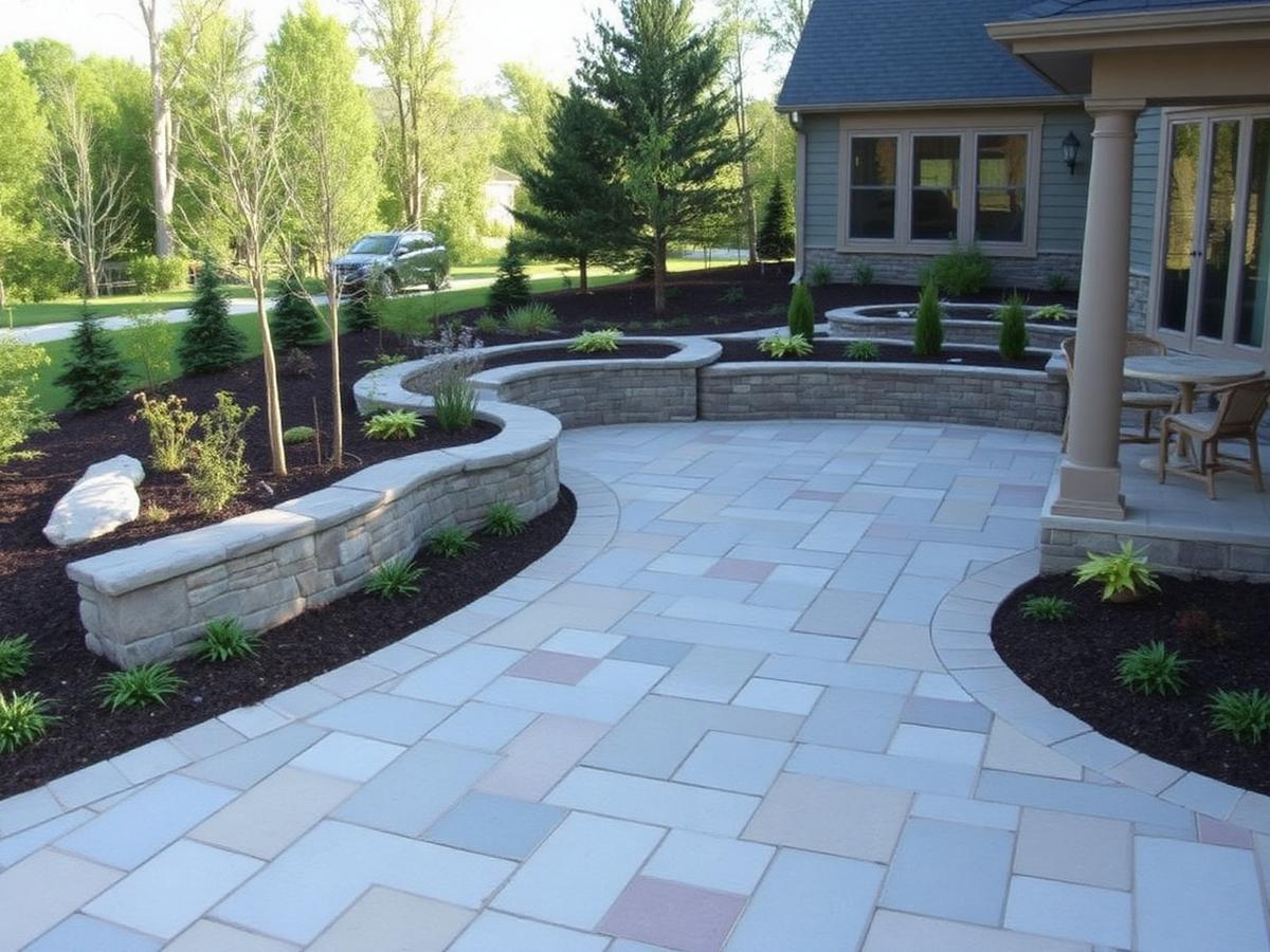 Finished stone paver patio with planting beds