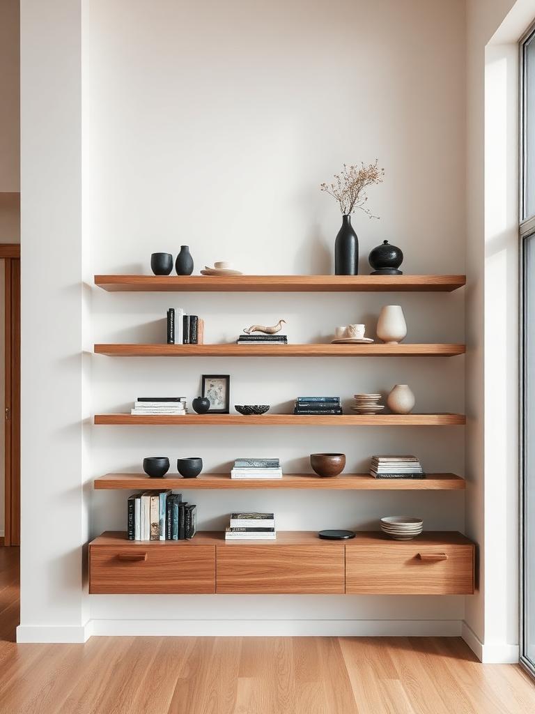 Floating oak shelves on a clean wall