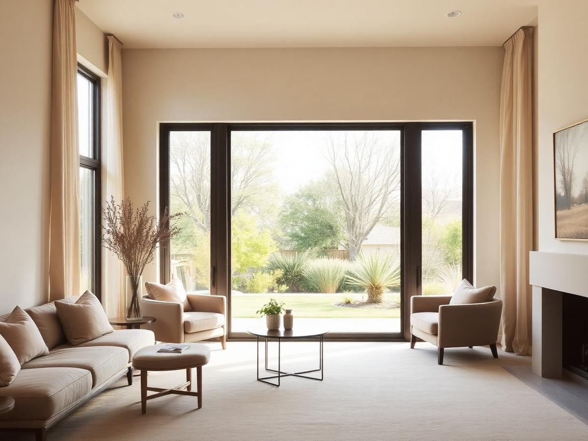 Large newly installed windows in a calm, sunlit living room